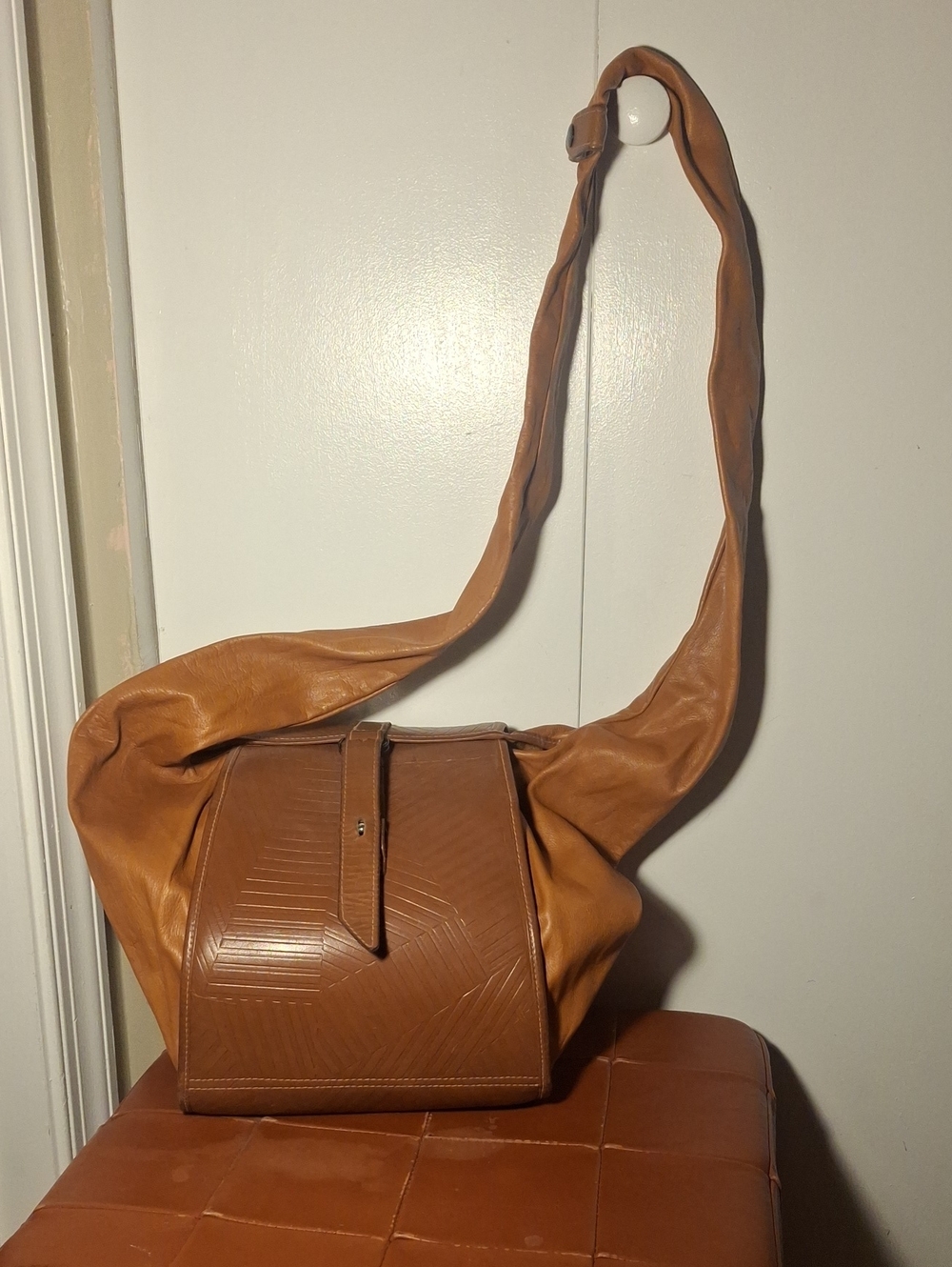 Camel Leather Expandable Shoulder Bag